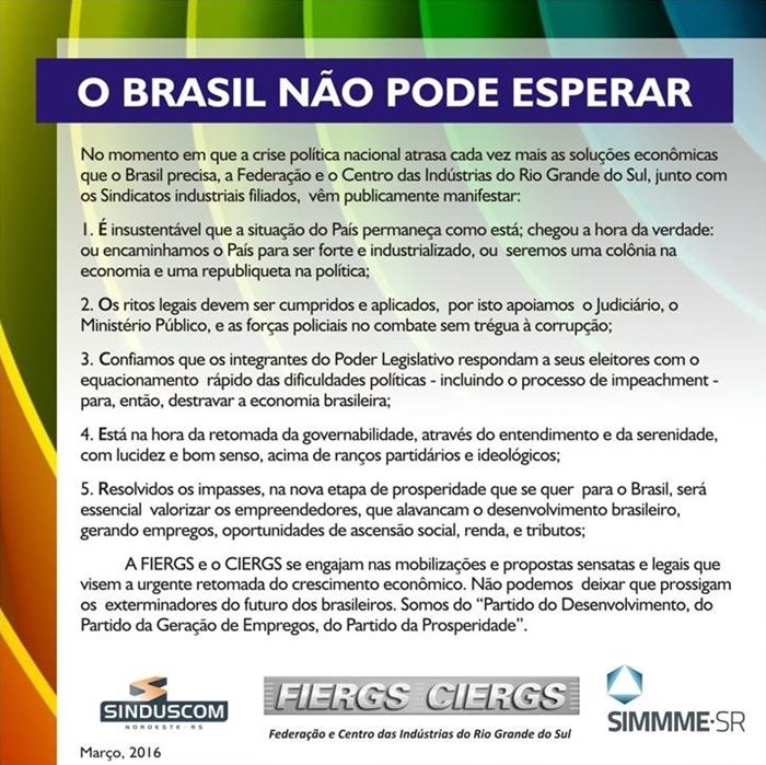 FIERGS divulga manifesto